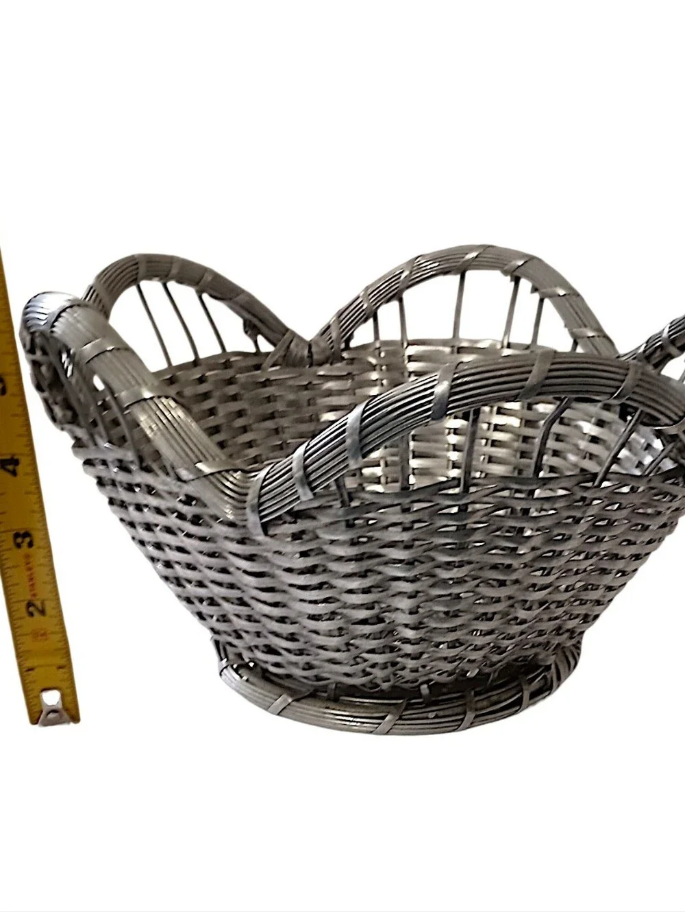 French Woven Wire Basket Vintage Silver Tone Scalloped Edge Farmhouse Country